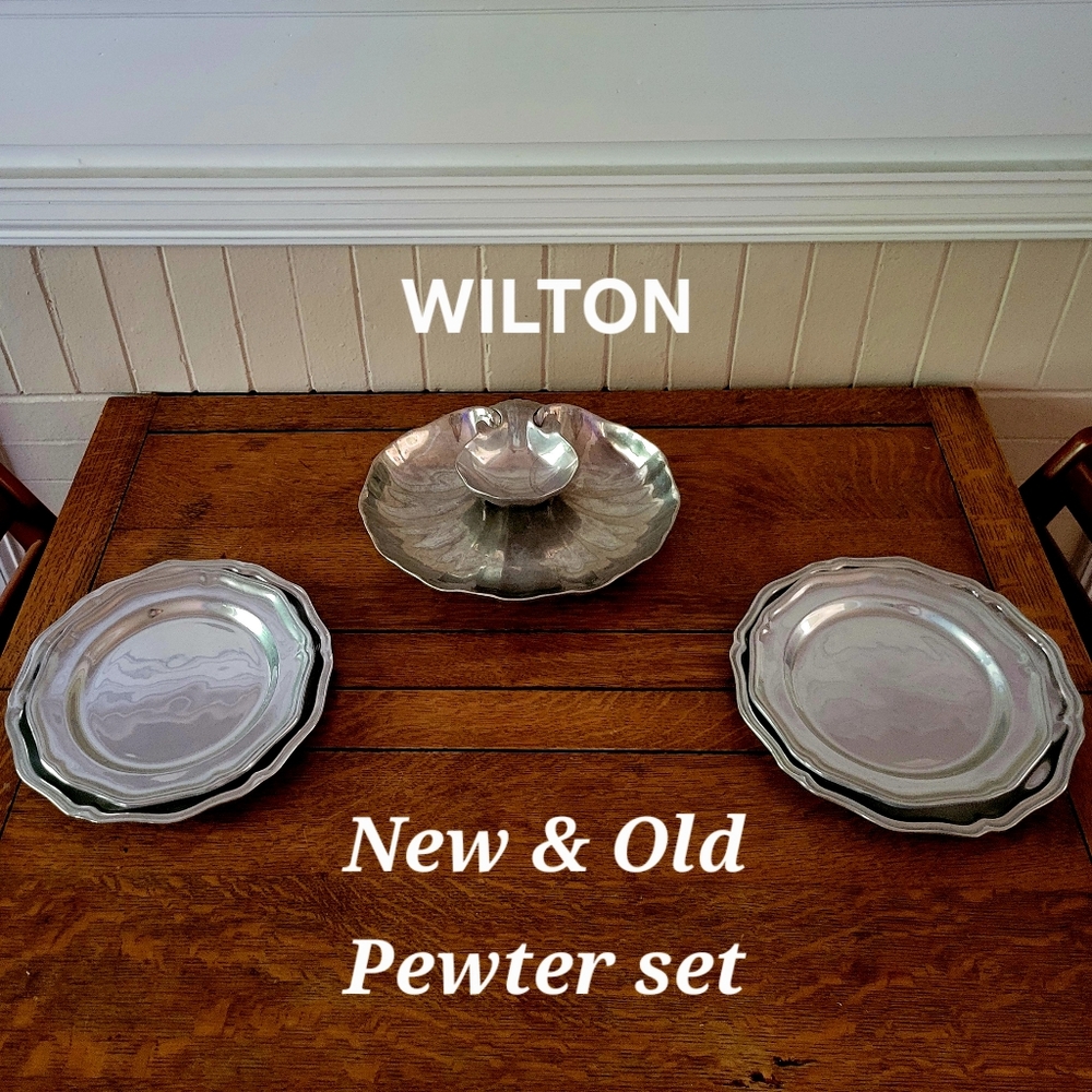 Vintage Wilton Pewter Shell Hors D'oeuvre and Sauce Bowl & 4 Plates